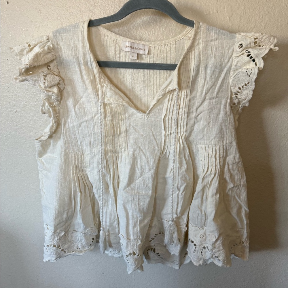 Cream Eyelet Lace Trim Top